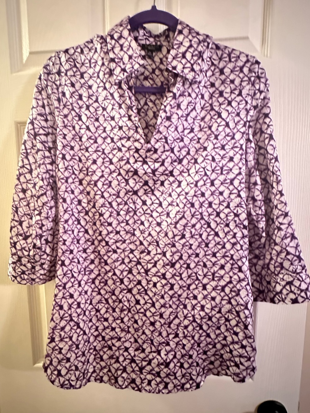 Talbots Purple and Cream Geometric Silk Tunic Blouse With Sash